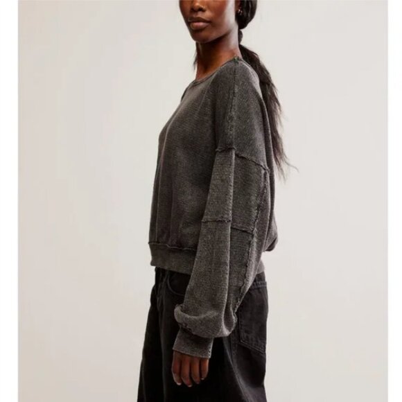 FREE PEOPLE Ife Pullover Sweater Thermal Textured Waffle Knit Crop Exposed Seams - Picture 12 of 16
